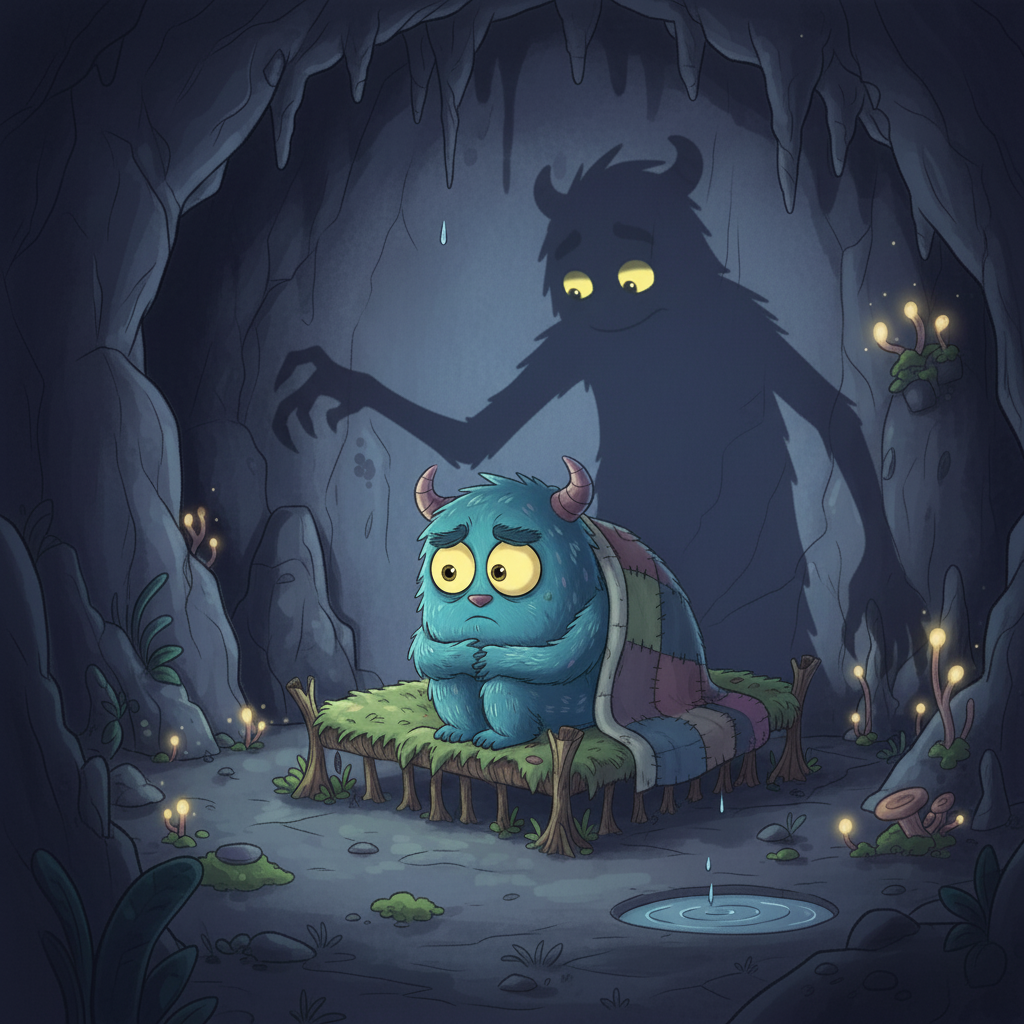 Uma noite, enquanto Medinho tremia debaixo das cobertas, sua sombra, que ele chamava de Sombria, pareceu ganhar vida. Sombria se esticou, formou mãos e, com uma voz suave, convidou Medinho para uma aventura. Medinho, hesitante, mas curioso, aceitou.