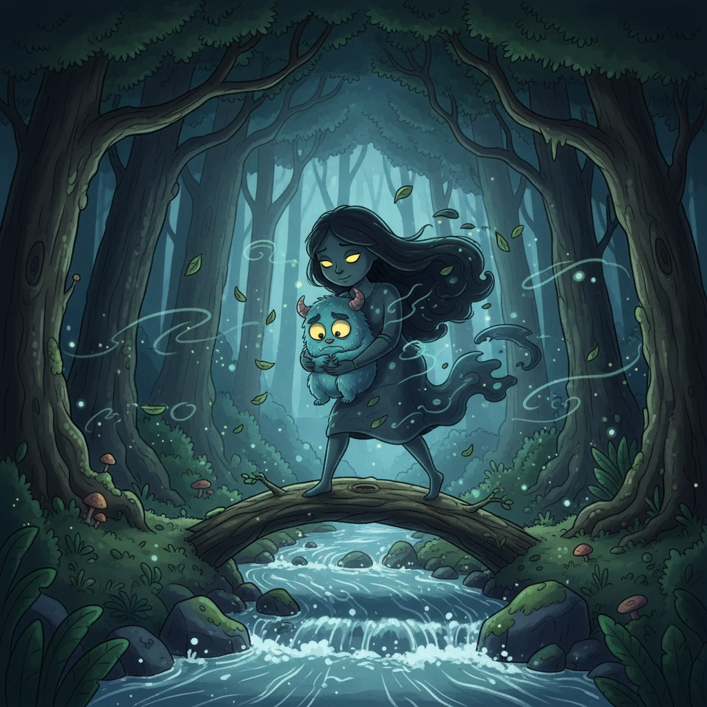 Eles partiram por uma floresta escura, com árvores altas e sussurrantes. Medinho sentia o coração bater forte, mas Sombria o encorajava, dizendo que o medo era apenas uma ilusão. Juntos, eles enfrentaram desafios, como atravessar um rio turbulento.