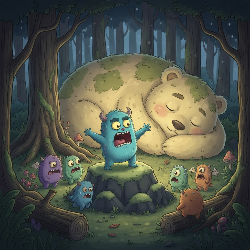 No meio da floresta, encontraram um grupo de outros monstrinhos, todos amedrontados por um gigante adormecido. Medinho, lembrando das palavras de Sombria, reuniu coragem e, com um grito, acordou o gigante, que era na verdade um ser gentil.