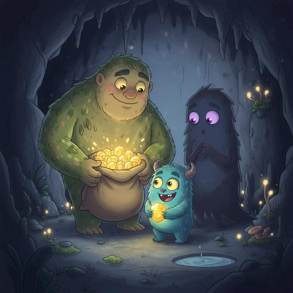 O gigante, grato, revelou um tesouro escondido: um saco cheio de pedras brilhantes, que representavam a coragem. Medinho, com o coração cheio de alegria, ganhou uma pedra para si. Sombria e Medinho perceberam que o medo não precisava dominá-los.