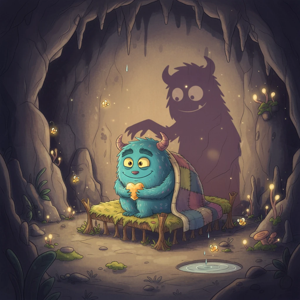 De volta à caverna, Medinho não tinha mais medo de sua sombra. Ele e Sombria se tornaram grandes amigos, e cada noite, antes de dormir, Medinho segurava sua pedra da coragem, lembrando-se que o medo pode ser superado com amizade e bravura. A caverna escura agora parecia um lar acolhedor.