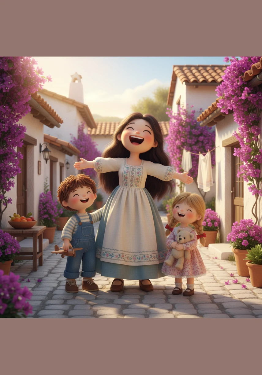 In a sun-drenched village of white stone and blooming purple bougainvillea, a kind woman named Maria lived with her two young children. Her laughter was the heart of their small home, and her days were filled with the simple joys of family and song.
