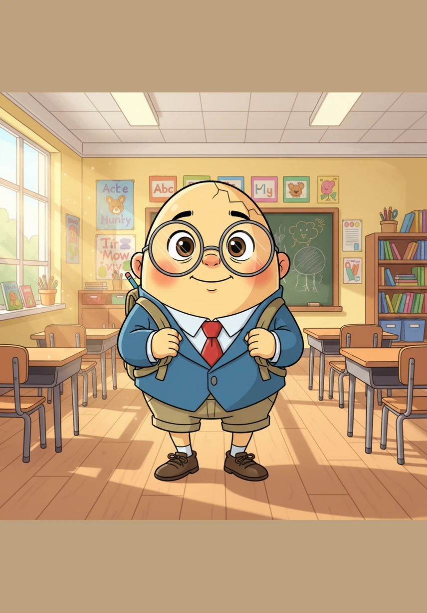 Humpty Dumpty stared at the Presentation Day poster on the classroom wall with a heavy heart. I hope I do not break under the pressure, he thought as he felt his shell tremble. The illustration shows Humpty in a bright classroom, looking small and worried in front of a giant, colorful school bulletin board.