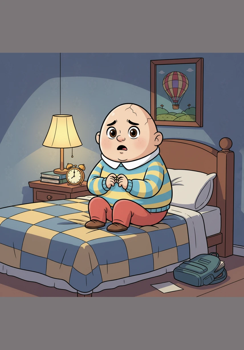 Back at home, Humpty tried to practice his speech, but his hands would not stop shaking. My notes are dancing like autumn leaves, he sighed while the paper fluttered in his grip. The illustration shows Humpty in his bedroom under a warm lamp, holding a piece of paper that is visibly shaking with a frustrated expression.