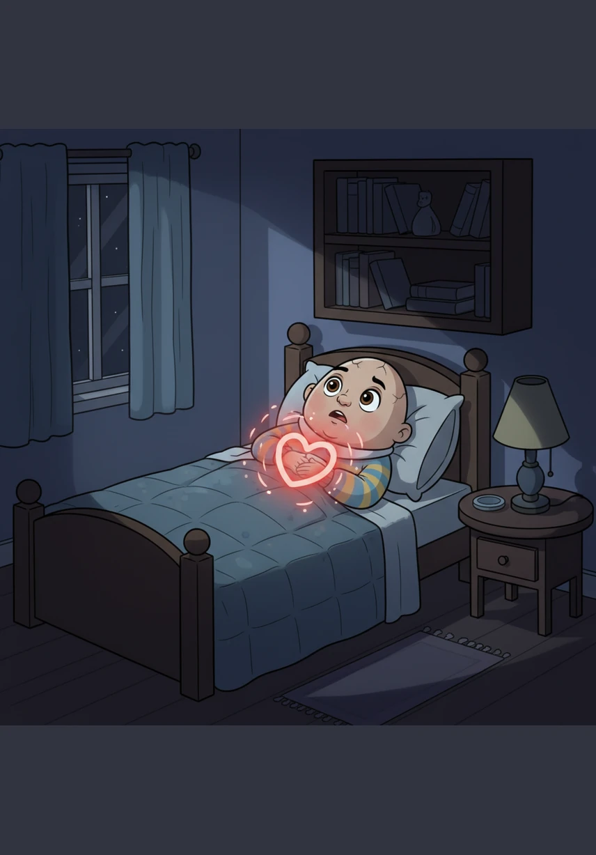 That night, Humpty lay in bed listening to the loud thump-thump of his heart. It sounds like a drum inside me that will not stop beating, he murmured while staring at the ceiling. The illustration shows Humpty lying in bed in a cozy room, a glowing red heart shape subtly visible through his shell to show it is beating fast.