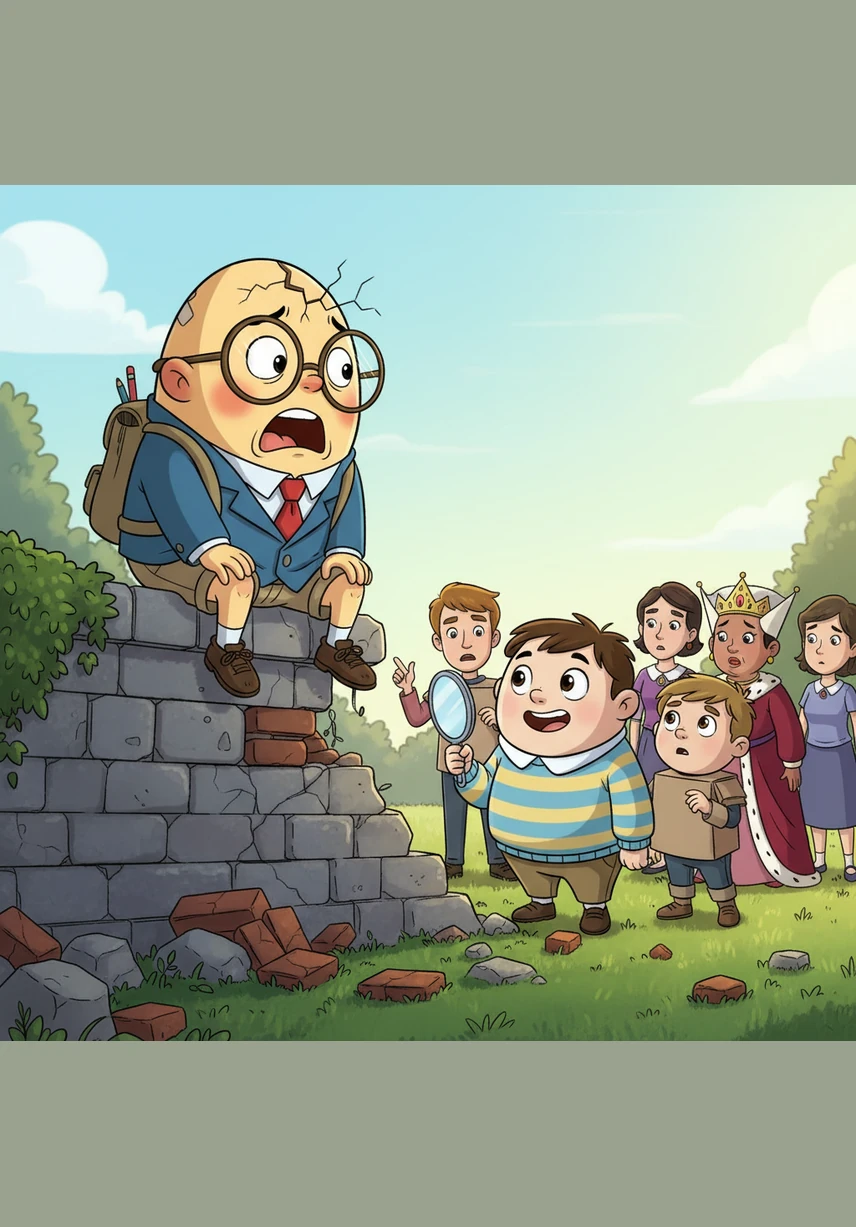 On the morning of the presentation, the school building looked much taller and scarier than usual. I wish I could just stay small and hide in my shell today, he whispered as he walked through the gate. The illustration is a wide shot of Humpty walking toward a large, slightly exaggerated school building that looks imposing against the morning sky.