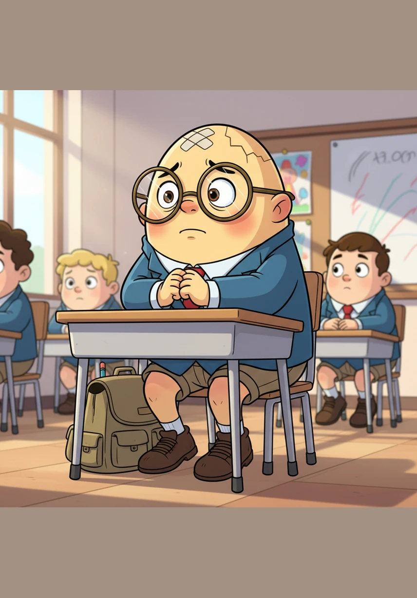 In the classroom, Humpty watched his friends take turns speaking while his stomach felt like it was full of fluttering butterflies. The clock is ticking so loudly, and my turn is coming closer, he thought, wiping sweat from his forehead. The illustration shows Humpty sitting at a small desk, looking pale, with tiny translucent butterflies illustrated around his stomach area.