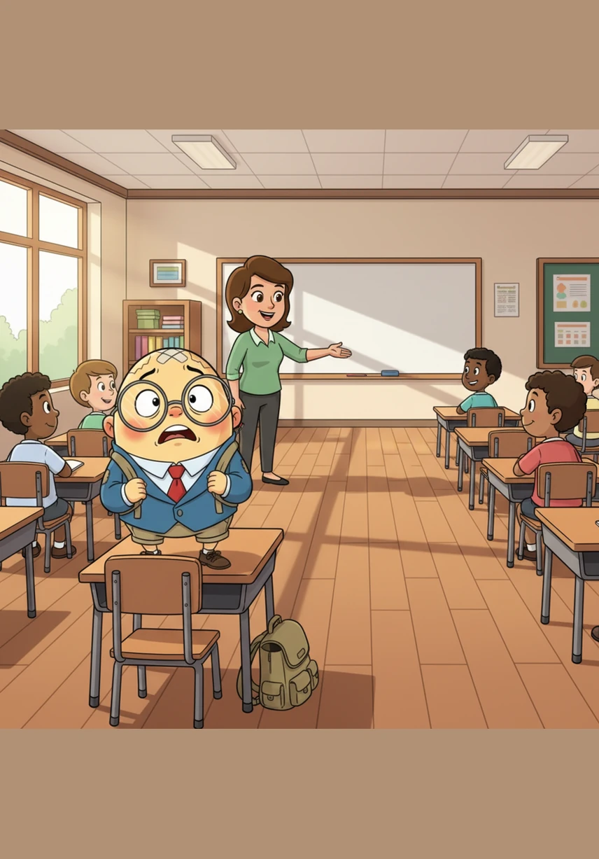 Humpty Dumpty, it is your turn, the teacher said with a kind and encouraging smile. My legs feel like they are made of wobbly jelly, he worried as he stood up to walk to the front. The illustration shows Humpty standing up from his desk while the teacher points to the front, and the floor seems to stretch out long like a marathon track.