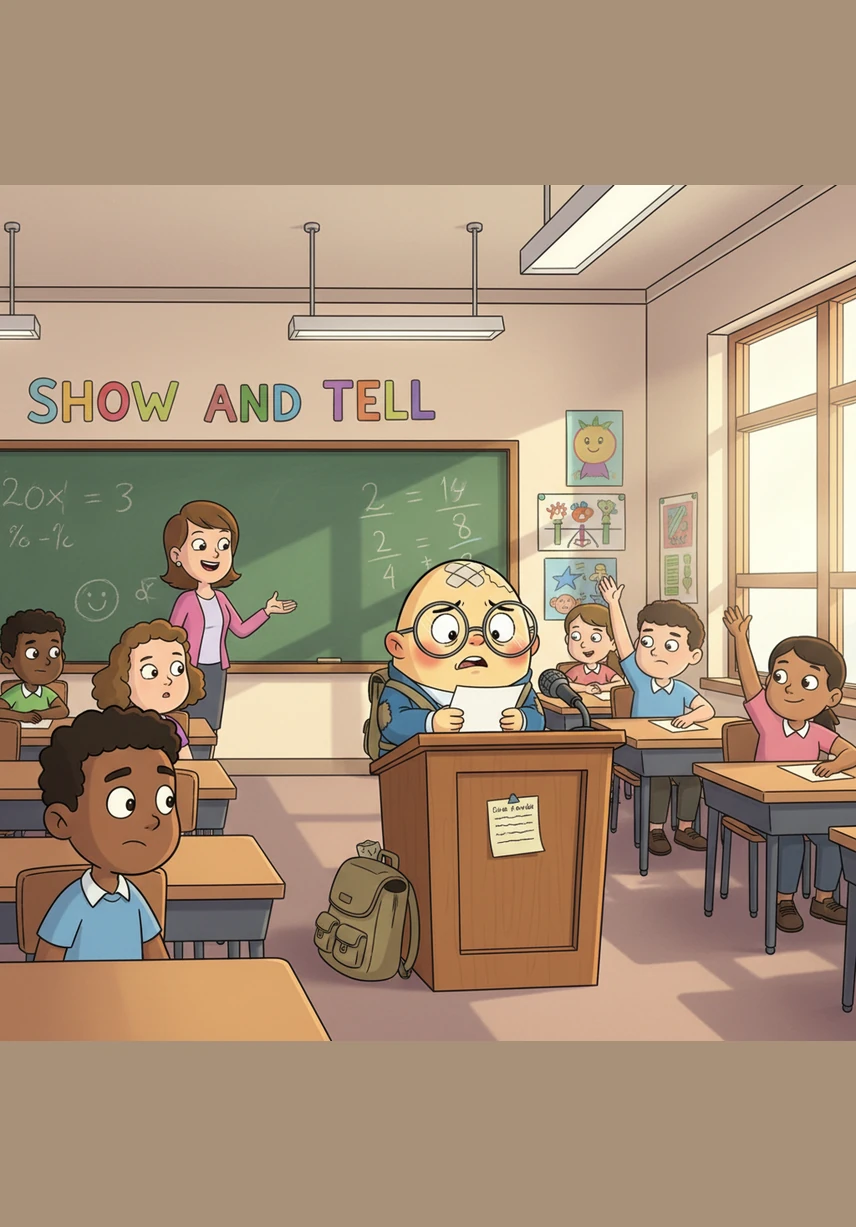 Standing behind the podium, the faces of his classmates looked like a blur of curious eyes. Just take one deep breath, Humpty, you can do this, he told himself. The illustration is a close-up of Humpty behind a wooden podium, eyes wide and focused, taking a deep breath with his eyes closed for a moment.