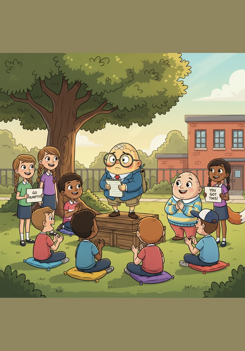 He began to speak, his voice wobbly at first, but it grew stronger with every sentence he read. I am doing it, I am actually doing it, he realized with a spark of joy. The illustration shows Humpty looking at his notes and speaking, a small golden glow beginning to radiate from him as he gains confidence.