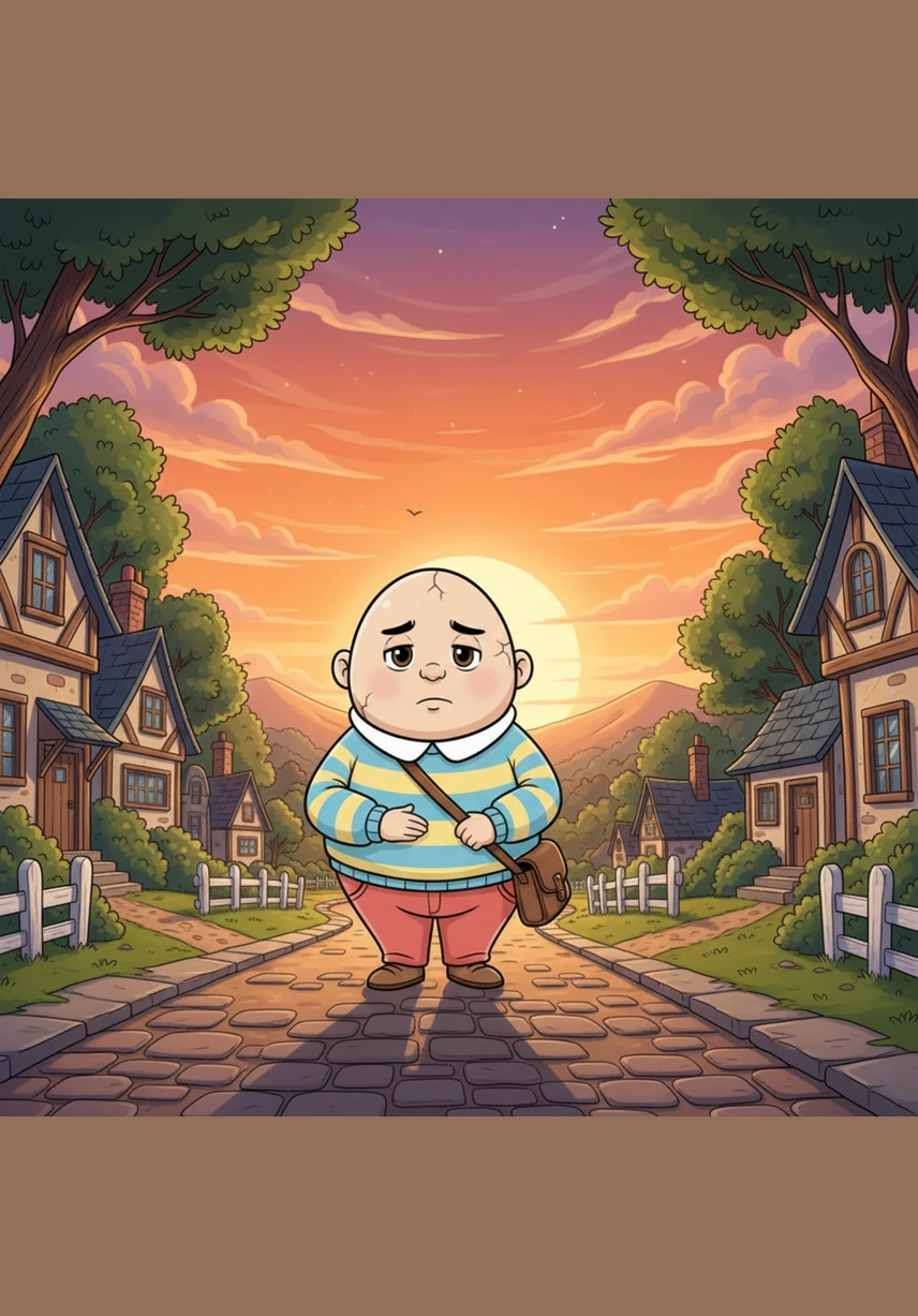 Walking home that afternoon, Humpty felt taller than the trees and stronger than a stone wall. I am much stronger than I ever imagined, he thought proudly. The illustration shows Humpty walking home under a beautiful sunset, his shadow on the ground looking like a brave giant, representing his inner growth.