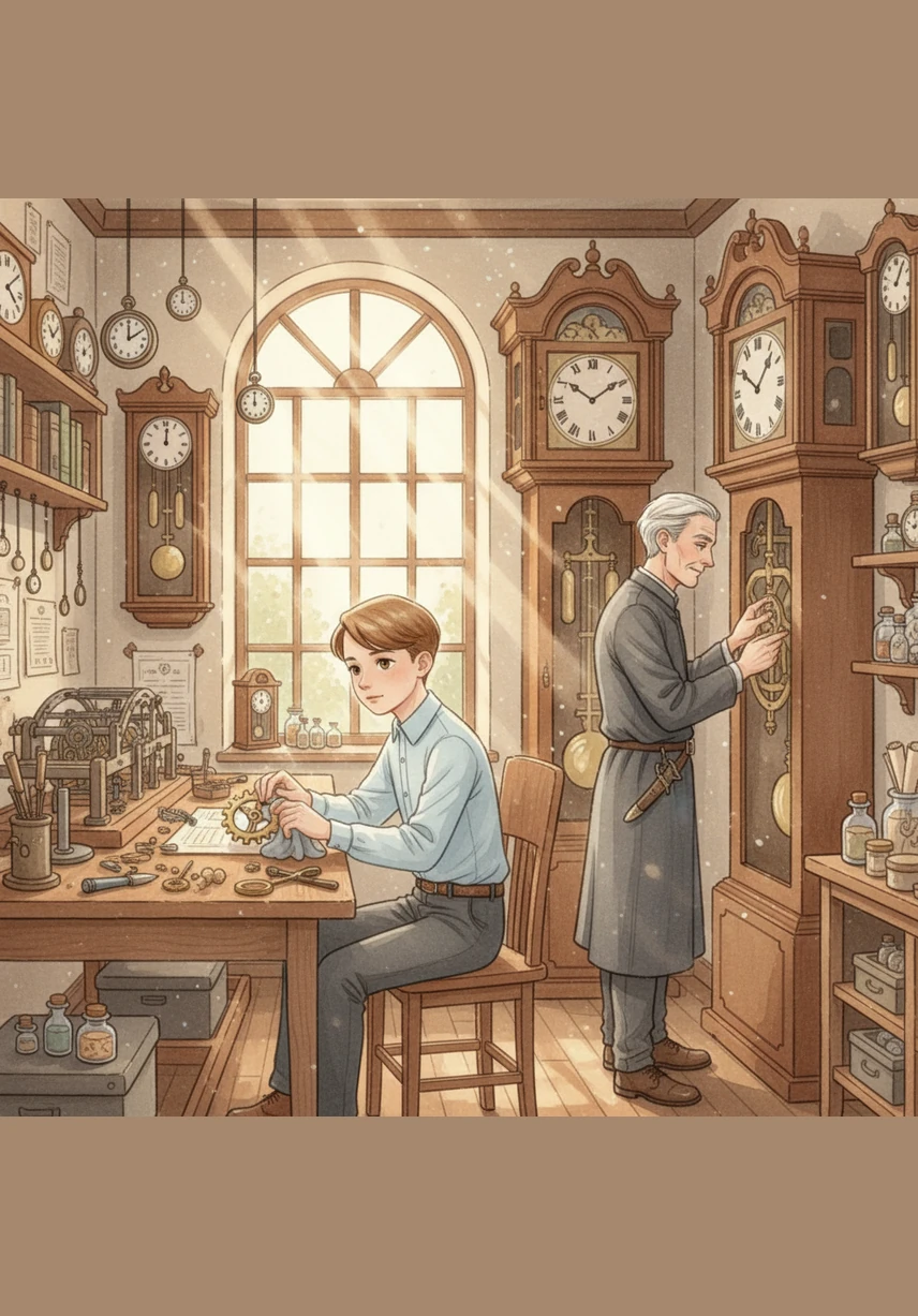 In a tiny shop filled with the rhythmic ticking of a thousand clocks, young Oliver polished a brass gear. Dust motes danced in the afternoon sun as he dreamed of adventures beyond the wooden walls. His master, an old man with silver hair, worked quietly on a giant grandfather clock nearby.