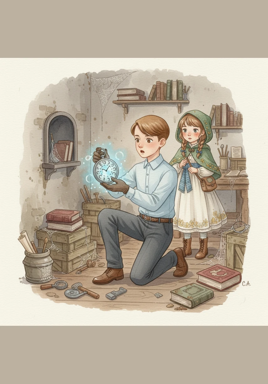While cleaning a forgotten corner of the workshop, Oliver’s fingers brushed against a cold, silver chain. He pulled out a heavy pocket watch that glowed with a soft, pulsing blue light from beneath its glass face. It was covered in intricate engravings of stars and moons that seemed to shift as he touched them.
