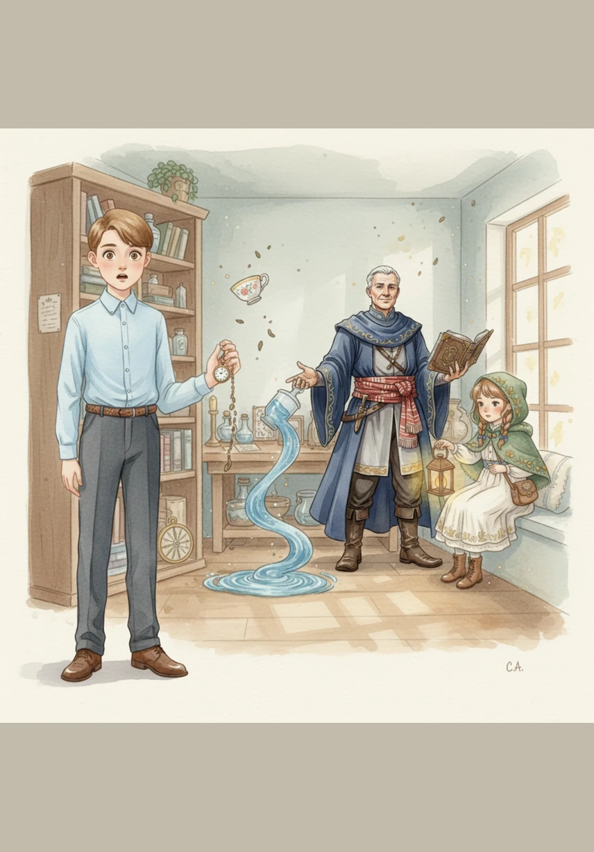 Curiosity got the better of him, and Oliver pressed the tiny button at the top of the mysterious watch. Suddenly, the ticking stopped, and a wave of absolute silence washed over the room. A tea cup that had been slipping from a shelf hung perfectly still in mid-air, defying gravity.