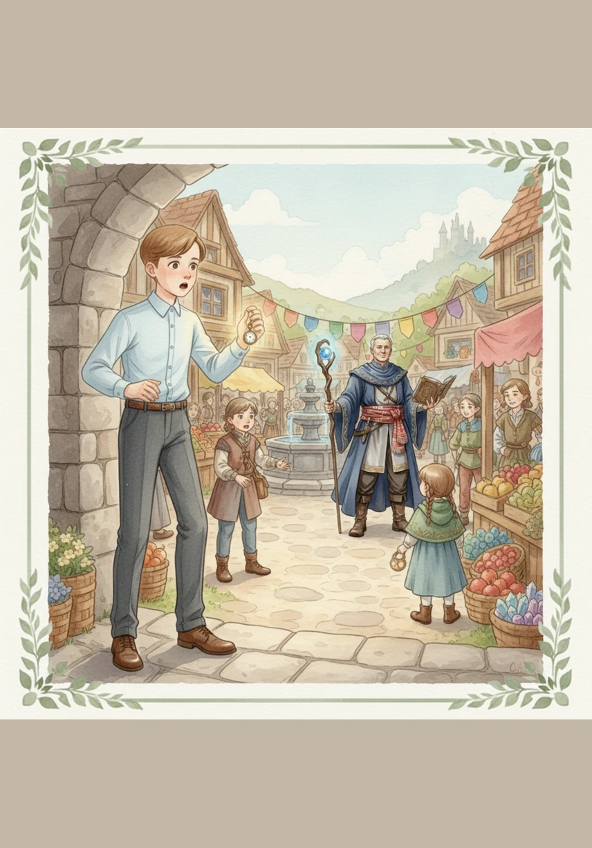 Oliver stepped out into the village square and gasped at the sight before him. The bustling market had become a living painting, with people frozen mid-laugh and horses paused in mid-stride. The world was quiet and still, draped in a shimmering, magical frost that only Oliver could move through.