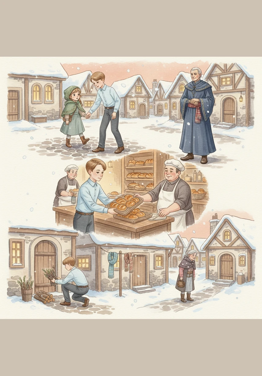 Oliver noticed a little girl who was about to trip over a loose cobblestone and gently moved her foot to safety. He went to the bakery and caught a tray of falling rolls, placing them gently back on the wooden counter. He spent the afternoon performing small acts of hidden kindness for his frozen neighbors.