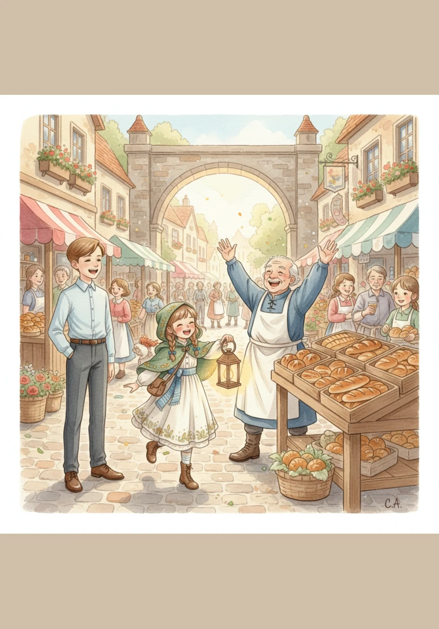 The little girl skipped safely across the street, and the baker cheered as he found his rolls perfectly arranged. Oliver watched with a wide smile as the world burst back into vibrant, messy, and beautiful life. He felt a deep connection to every person and every second passing by in the square.