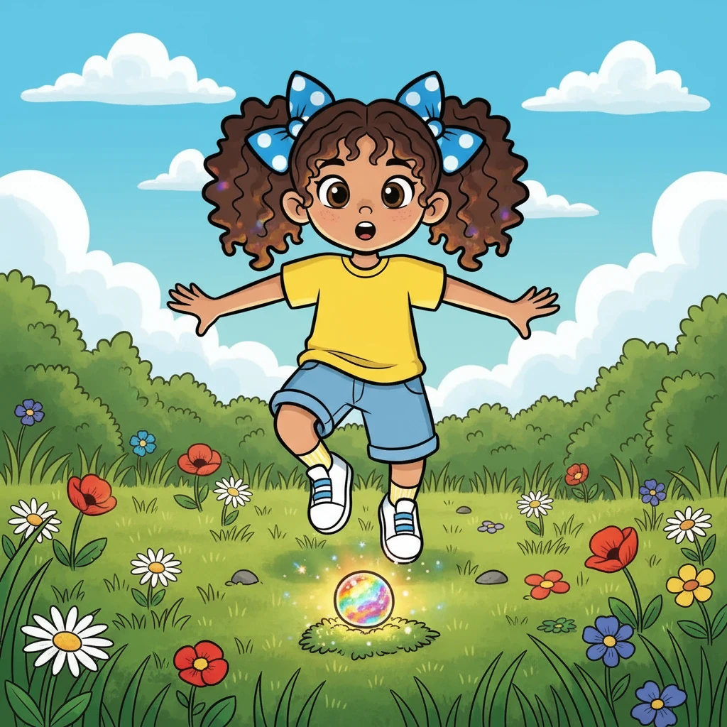 Maya, with her bright eyes and rainbow hair ties, skipped through a sunny meadow. She was wearing her favorite yellow shirt and jean shorts, her white sneakers bouncing with each step. Suddenly, she stumbled upon a small, glowing seed, sparkling with all the colors of the rainbow.