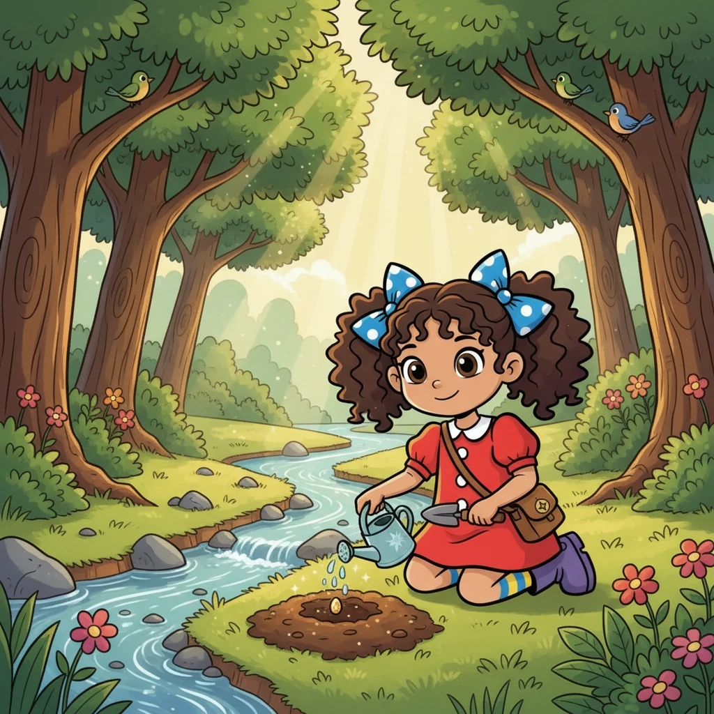 Maya found a small patch of soil near a babbling brook and gently planted the sparkling seed. She watered it with care, humming a cheerful tune. Sunlight streamed through the trees, creating a magical atmosphere around her.