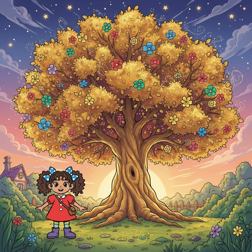 Overnight, a magnificent tree sprouted from the seed! It was unlike any tree Maya had ever seen, with leaves of shimmering gold and branches that reached for the sky. Colorful, sweet-smelling flowers bloomed all over it.