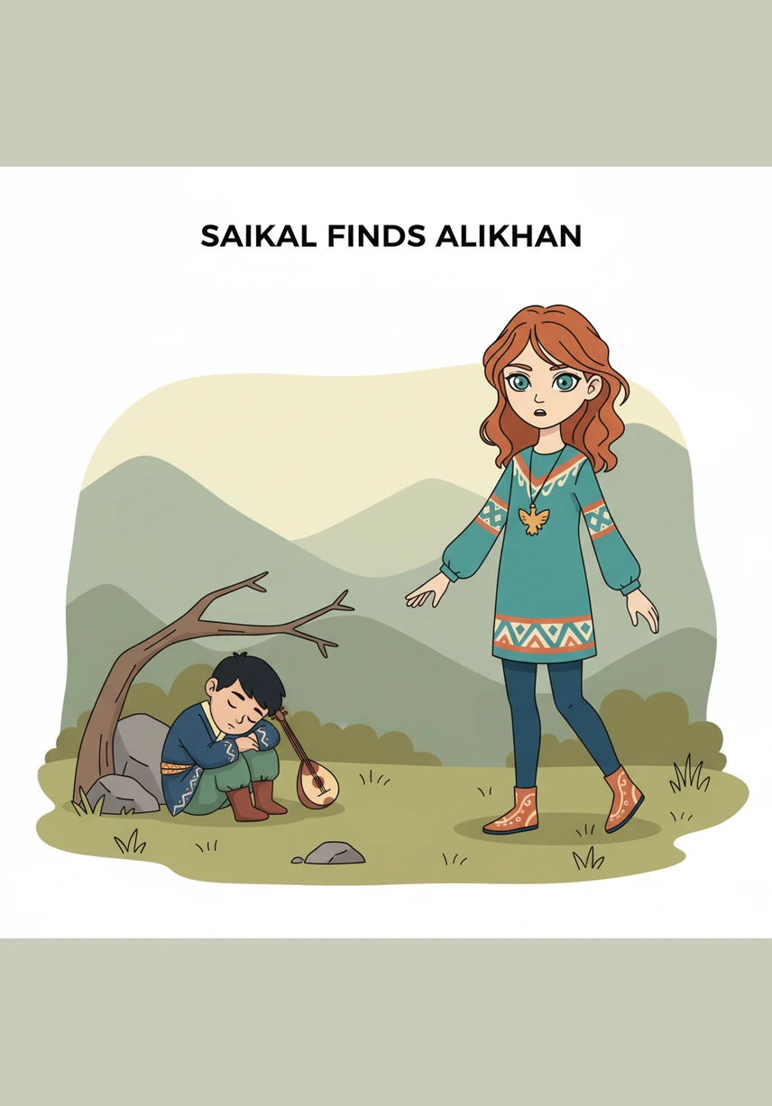 After a long search through the silence, she heard a faint, rhythmic crying coming from behind a massive jagged rock. There sat the little boy, shivering and lost, his face pale in the moonlight. His eyes lit up with hope the moment he saw the warm glow of Saikal’s lantern.