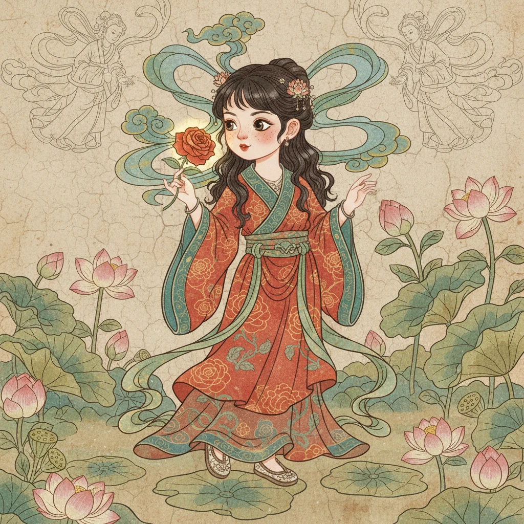 Anya, a small girl with a heart full of wonder, gently touched a crimson rose in her grandmother's ancient garden. To her astonishment, the rose's petals shimmered with an inner light, and a soft, melodic voice whispered tales of a forgotten magical realm, hidden just beyond the veil of ordinary sight. Her eyes widened, reflecting the rose's luminous glow, as ribbons of cloud motifs seemed to dance around her.