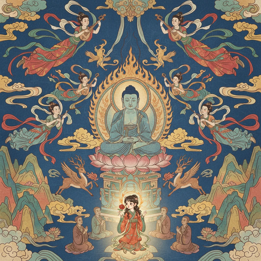 The rose, now fully glowing with a soft, warm light, revealed visions of a magnificent world filled with floating apsaras, their silken scarves trailing like clouds through sapphire skies. Anya saw ancient Buddhas meditating peacefully amidst blooming lotus flowers, and mythical creatures with exaggerated, joyful movements. The air pulsed with vibrant mineral colors: cinnabar red, stone green, and brilliant gamboge yellow, painting a solemn yet dynamic landscape.