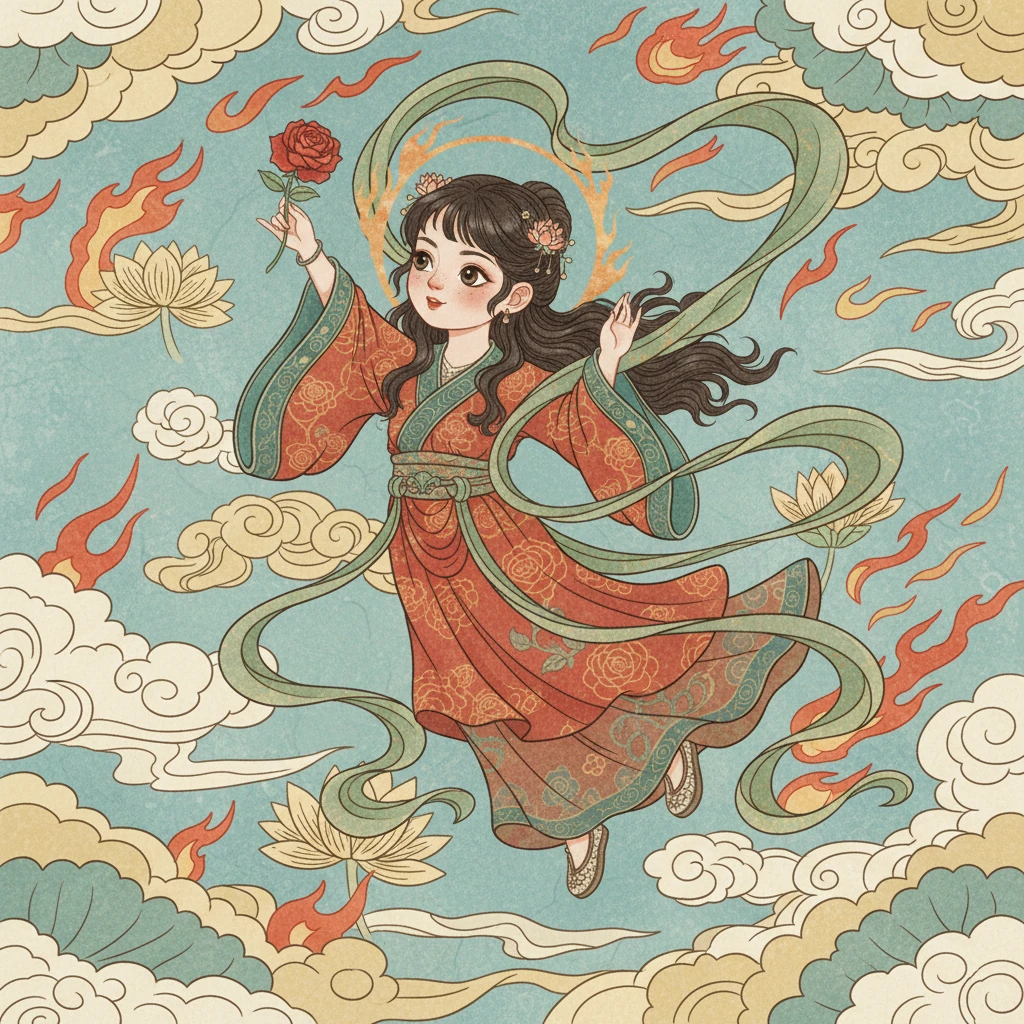 Inspired by the rose's enchanting revelations, Anya imagined herself as a little Feitian, her own ribbon-like sash swirling around her as she soared through the air, reaching towards the sky. She felt a deep connection to this hidden world, a sense of belonging among its ancient patterns of clouds and flames, promising future adventures. The garden, once familiar, now held the promise of boundless magic, waiting for her to explore.