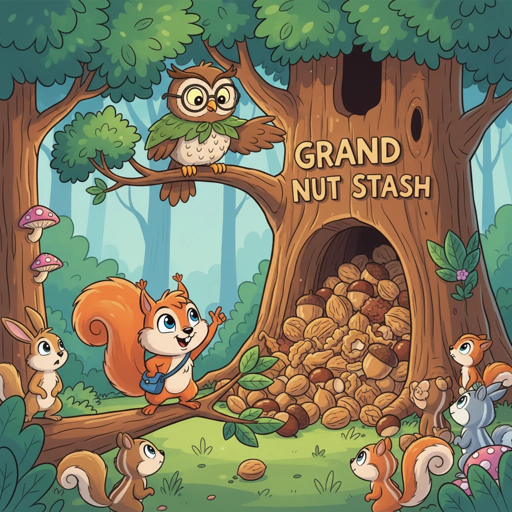 Deep in Whispering Woods, lived Pippa, a curious and quick-witted squirrel. Today, a big problem had everyone chattering: the Grand Nut Stash, the forest's most important treasure, needed protecting! Elder Owl explained that they needed someone clever to find any hidden weak spots before anyone else could.