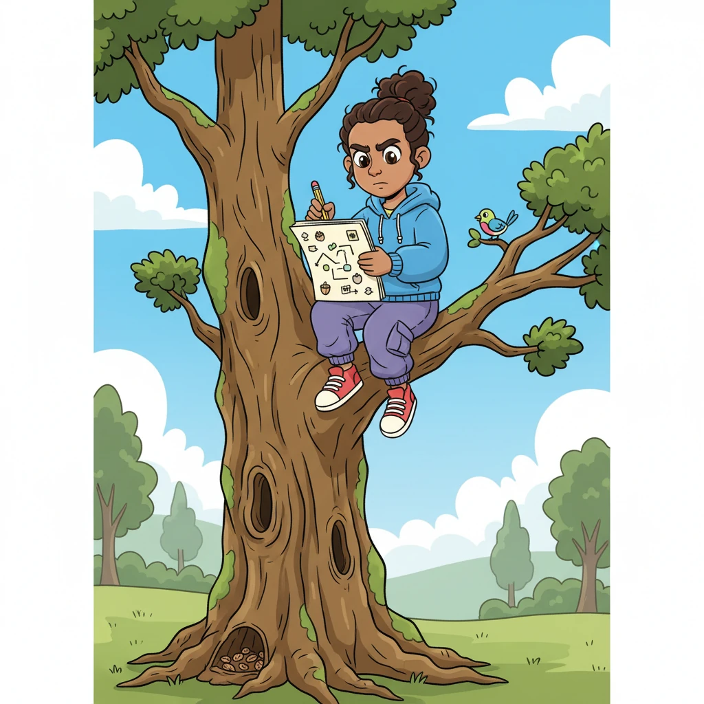 Pippa began her first step: observation. She found a tall oak tree nearby and perched high, sketching every detail of the nut stash's fortress-like tree trunk. She noted tall branches, thick bark, and even tiny mossy crevices, drawing a special 'security map'.