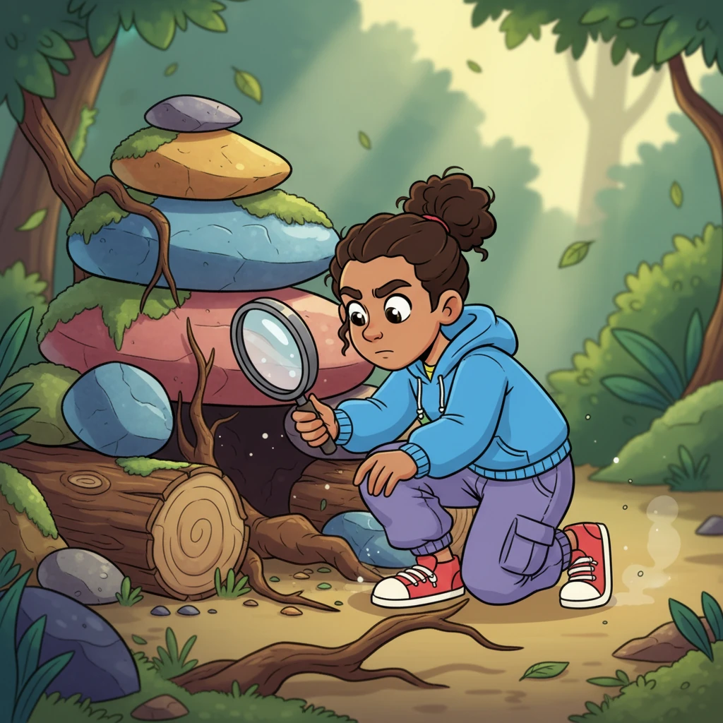 Next, Pippa moved quietly around the base of the stash, inspecting every inch. She used her tiny magnifying glass to check for loose roots, wobbly rocks, or any small gaps. She was looking for anything that seemed out of place or slightly less sturdy.