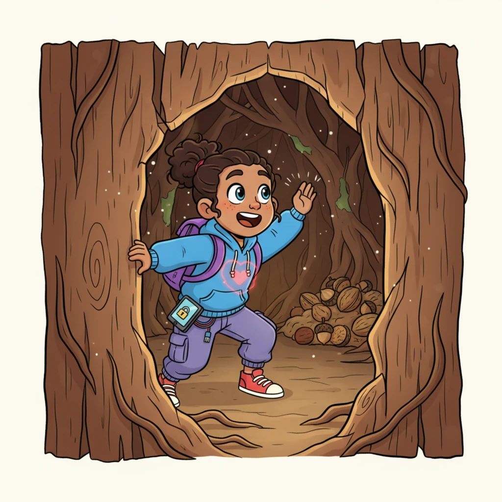 Pippa squeezed through the crack, her heart thumping with excitement. She found herself in a small, hollow space just inside the main wall of the nut stash! Success! She hadn't taken any nuts, just proved that the opening was there.