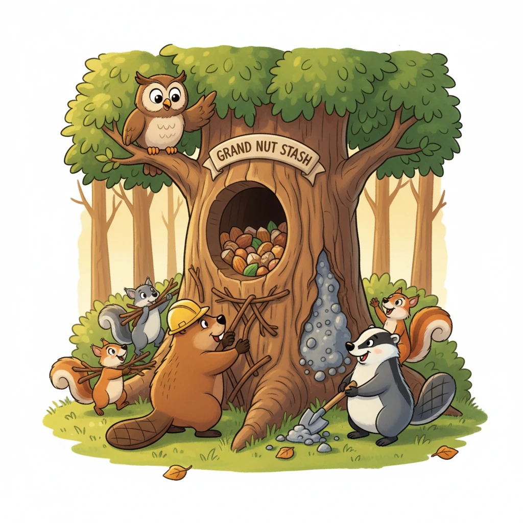 Elder Owl gathered the other forest friends, and everyone worked together. Beaver reinforced the loose bark with strong twigs, while Badger filled the crack with sturdy mud and pebbles. They made the Grand Nut Stash stronger than ever.