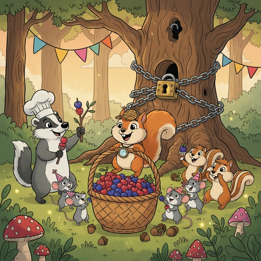 Now, the Grand Nut Stash was truly secure, thanks to Pippa's cleverness and the friends' teamwork! Pippa felt proud, knowing her 'security adventure' had kept everyone's precious nuts safe. The forest celebrated their smart little protector with a big berry feast!