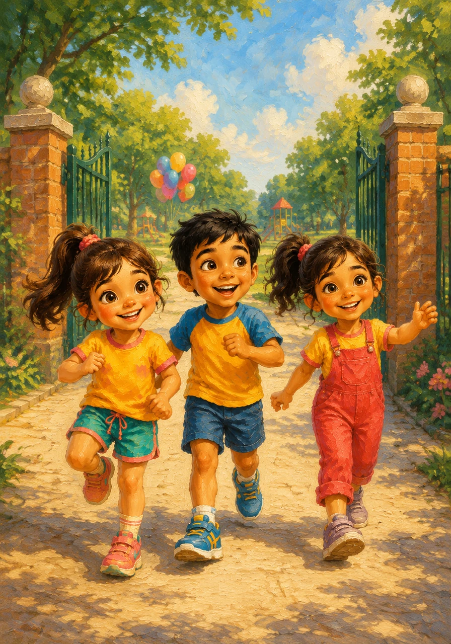Ria, Rohan, and Reema skip happily through the entrance of their favorite park, ready for a day of fun and games under the warm sun.