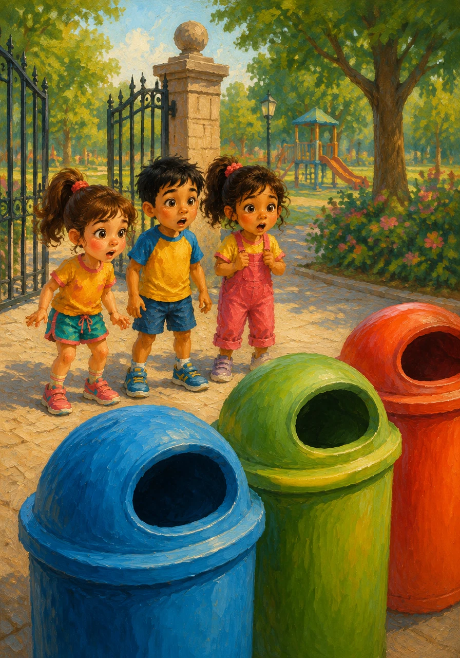 Near the park gate, the three friends stop in their tracks when they spot three giant, brightly colored dustbins they have never seen before.