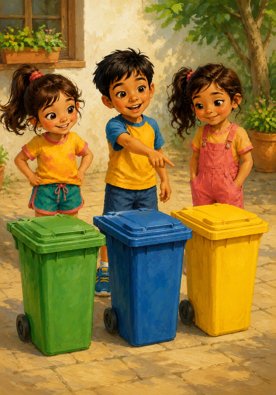 Rohan points his finger at each one and counts out loud, noticing a vibrant green bin, a deep blue bin, and a bright yellow bin standing in a row.