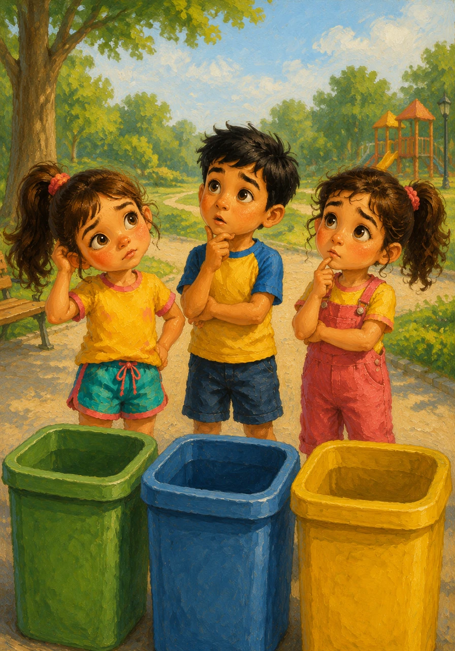 Reema tilts her head in confusion as the children wonder why the park needs three different bins instead of just one.