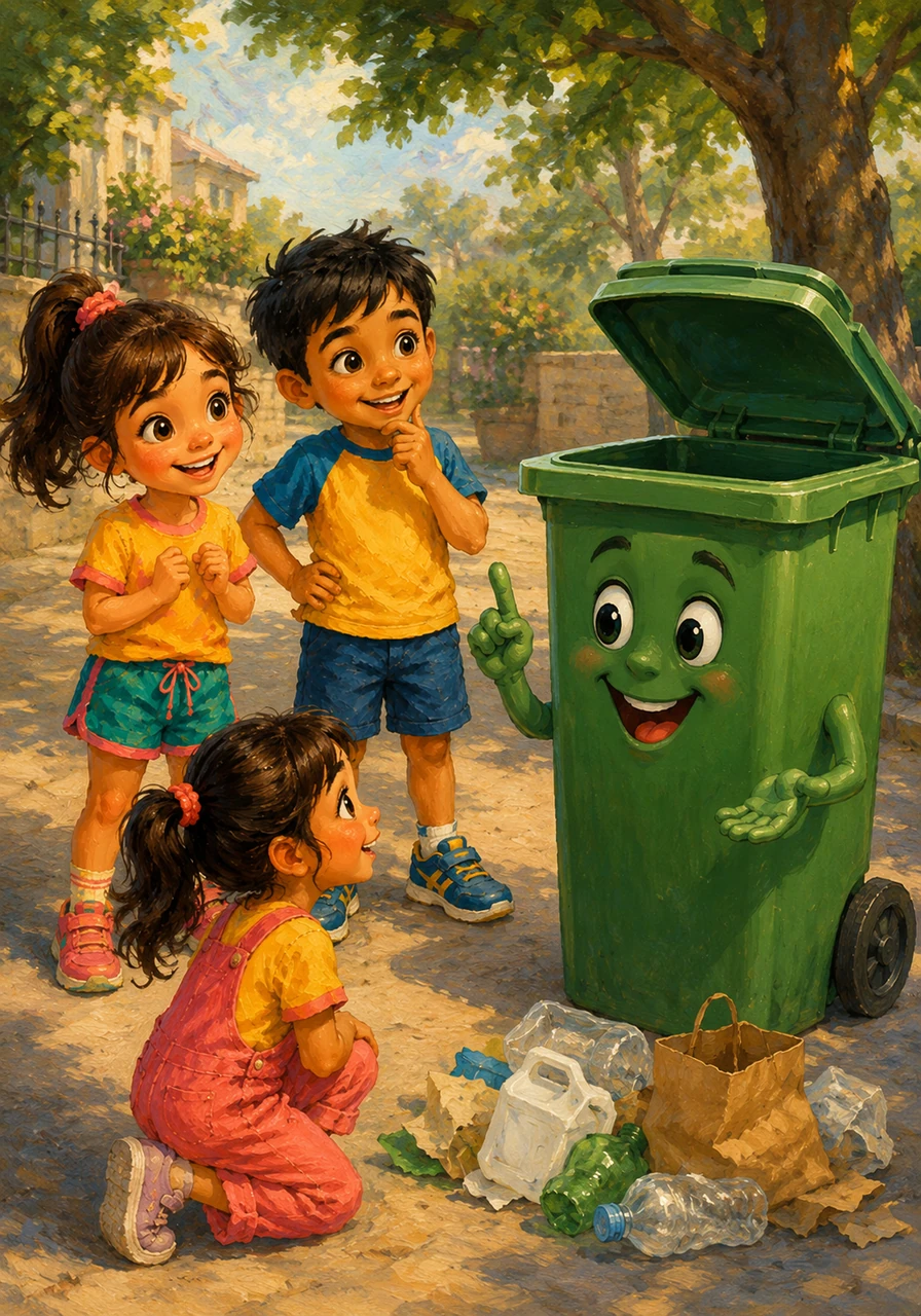 Suddenly, the green dustbin develops a friendly face and explains that it is for reducing waste, helping everyone use less plastic and paper to keep the Earth happy.
