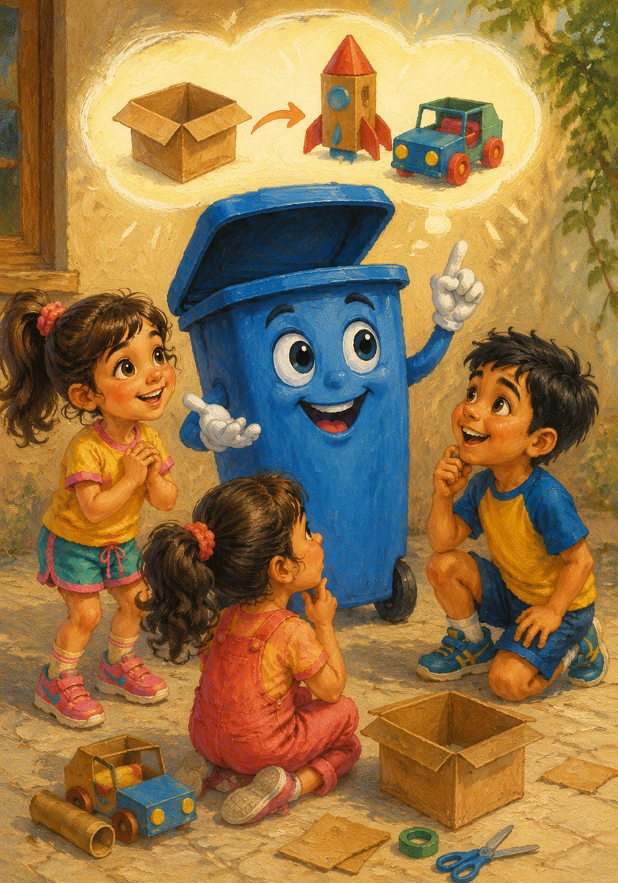 The blue dustbin begins to speak with a cheerful voice, telling the children that it loves items that can be reused, like turning old boxes into wonderful new toys.