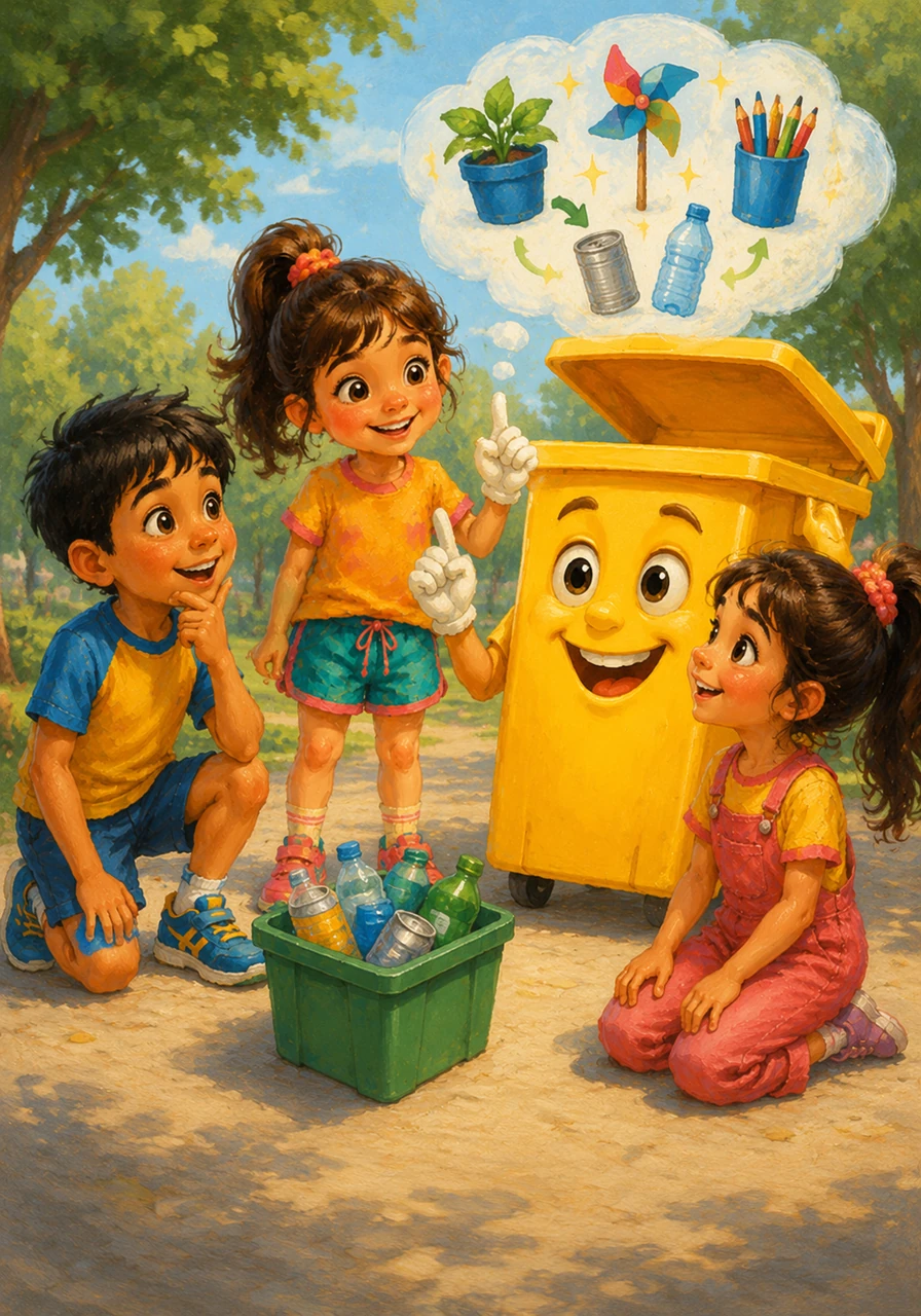 The yellow dustbin joins the conversation, explaining that it collects things to be recycled, where old cans and bottles are transformed into brand new treasures.