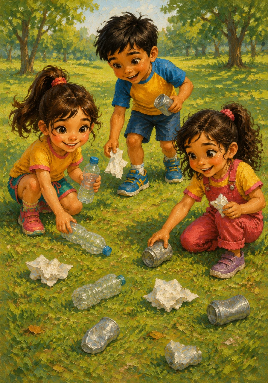 Inspired by their new friends, Ria, Rohan, and Reema look around the grass and find three plastic bottles, three pieces of paper, and three metal cans.