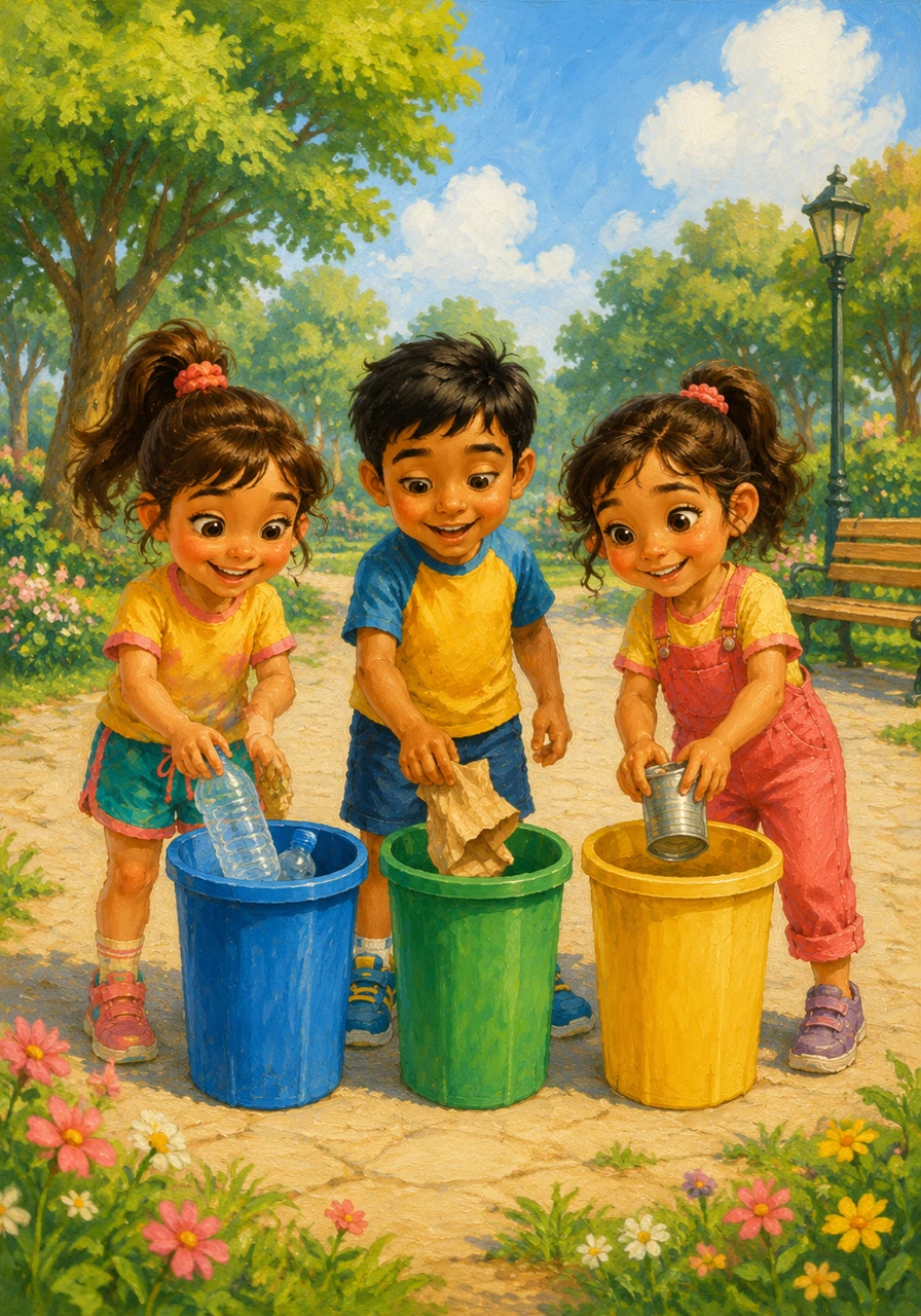 With big smiles, the children carefully place each item into the correct colored bin, watching as the park begins to look clean and beautiful again.