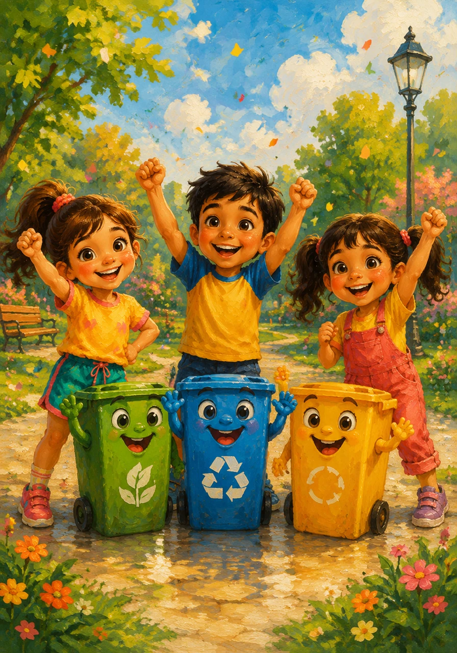 The three friends and the three talking dustbins cheer together in the sparkling clean park, celebrating their promise to protect the planet every single day.