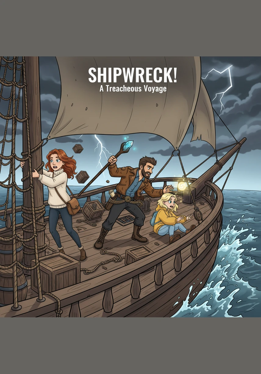 A deafening roar shook the ship as it struck an unseen obstacle, throwing everyone to the floor. The lights flickered and the deck began to tilt at a frightening angle as the cold sea rushed into the hull.