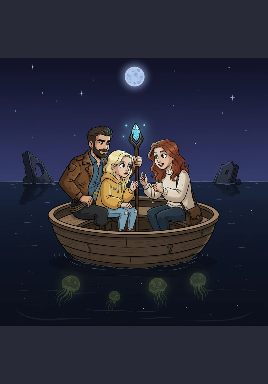 From their tiny vessel, they watched in silent awe as the great ship tilted skyward before sliding silently into the depths. The ocean grew eerily quiet, leaving them alone under a vast, star-filled sky.