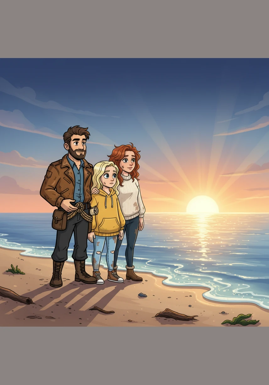 The first golden rays of dawn broke over the horizon, revealing a sea that was now calm and shimmering. Though exhausted and hungry, the family looked at each other with renewed hope as the darkness of the night finally faded.