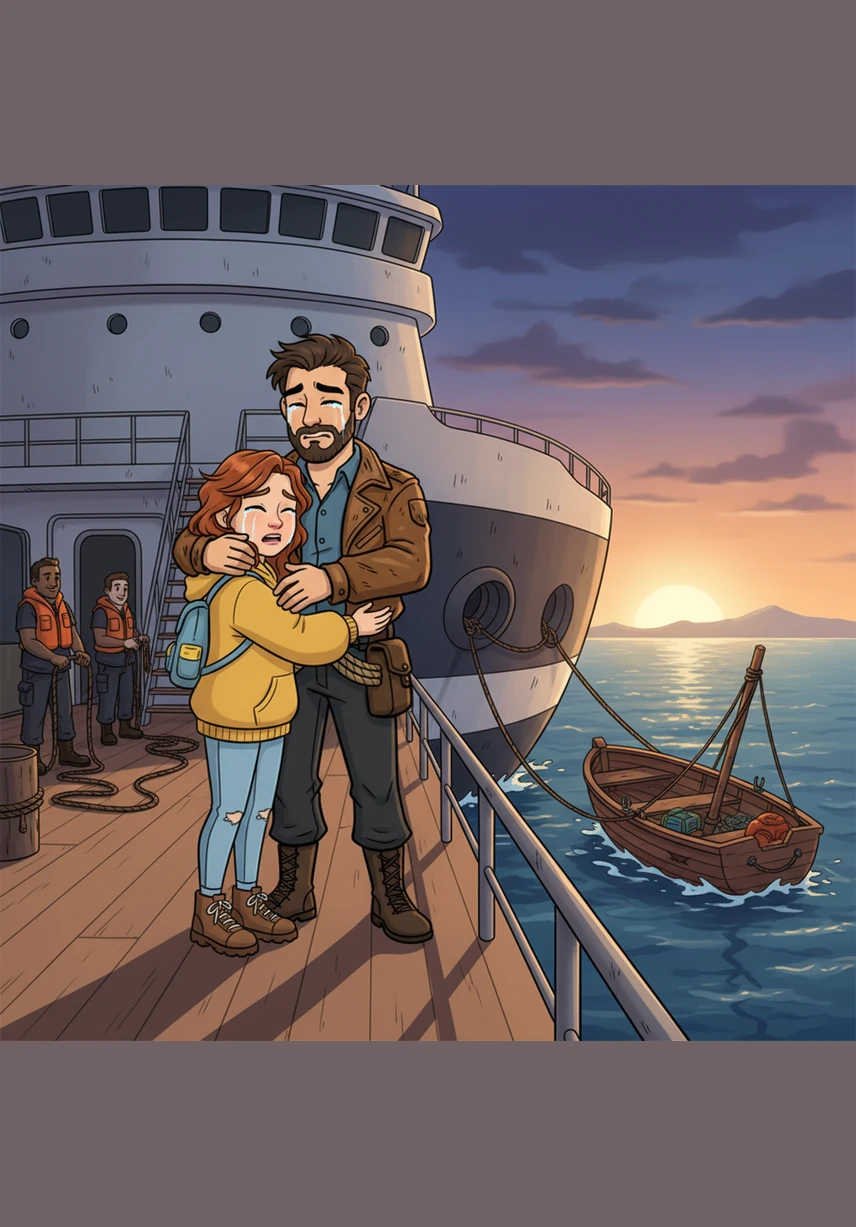 Tears of joy streamed down their faces as a massive rescue vessel pulled alongside their small boat. Safe at last, the family huddled together on the warm deck of the new ship, forever changed by the night they survived the sea.