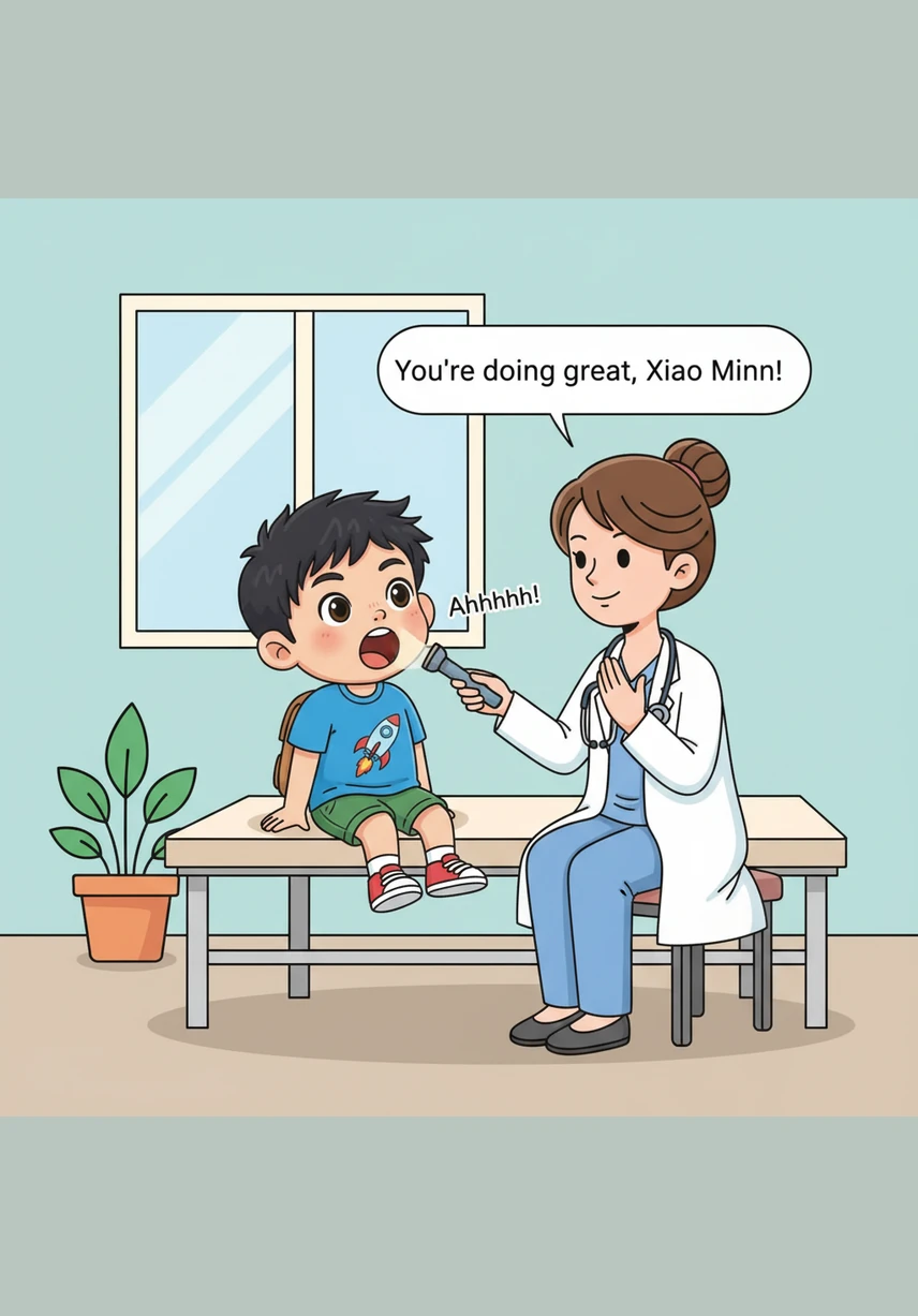 小明乖乖地坐在诊室的椅子上，张大嘴巴发出声音。医生阿姨拿着小手电筒，正仔细检查他的喉咙，夸奖小明是一个配合治疗的好孩子。