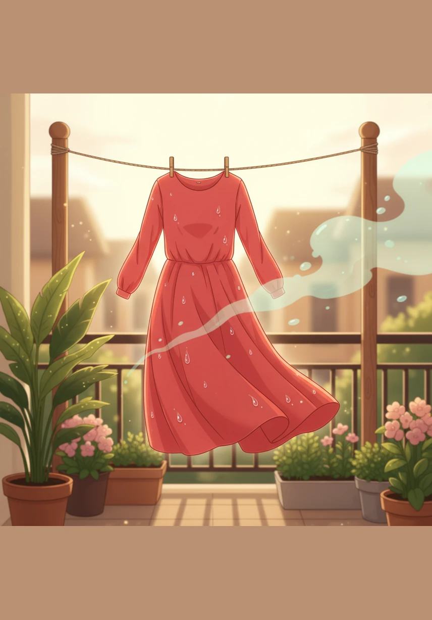 温暖的阳光照进阳台，晾衣架上挂着一件漂亮的红色连衣裙。那是妈妈刚刚洗干净的衣服，在微风中轻轻摇曳，散发着阵阵清香。